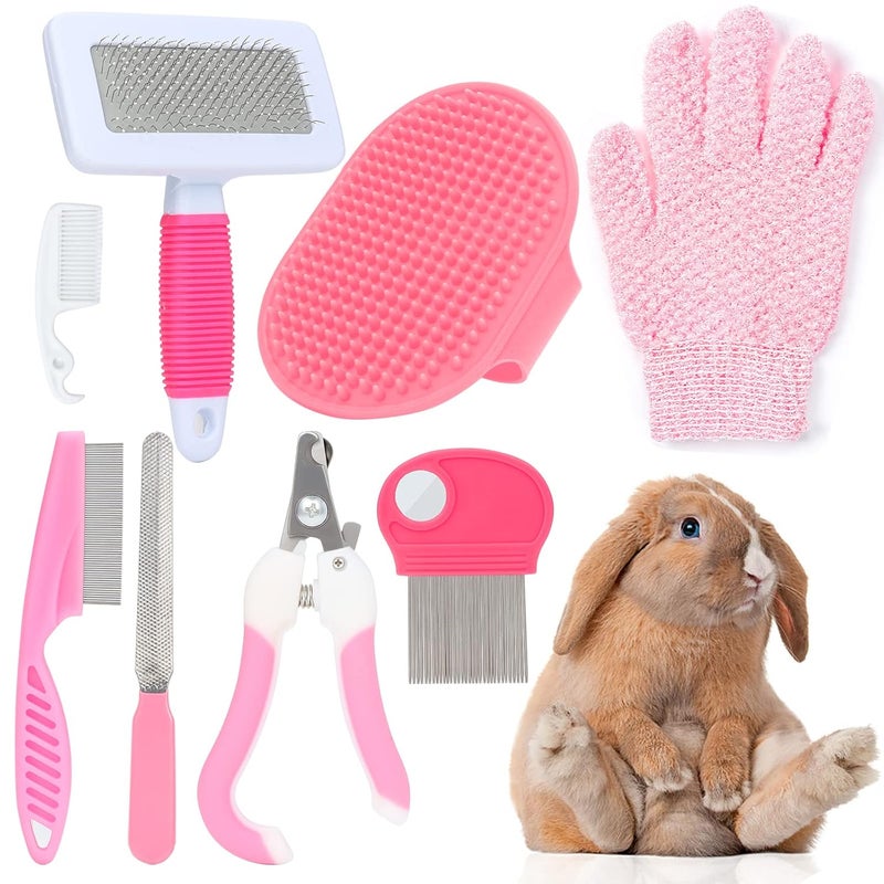 VCZONE Pink Small Animal Grooming Kit with Nail Clipper, Flea Comb, Shampoo Brush, Slicker Brush, Massage Glove for Rabbits - Image 1